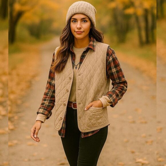 Vtg Adirondack L Quilted Linen Vest Tan Neutral Outdoorsy Fall Cottagecore Layer - Picture 1 of 8